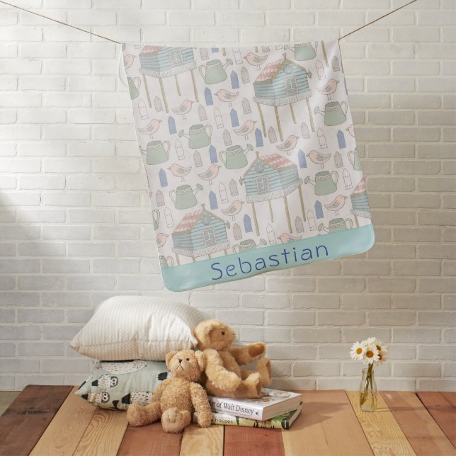 Baby Boy Nursery Country Teal Birds House Pattern Baby Blanket (In Situ)