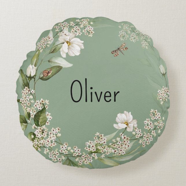 Baby Boy Nursery Decor Watercolor Floral Round Pillow (Front)