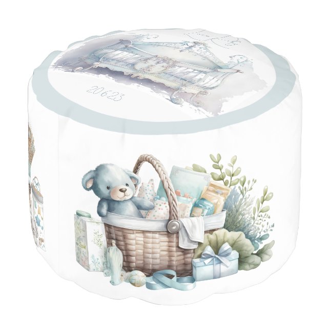 Baby Boy Nursery Patterns With Birth Date Pouf (Angled Back)