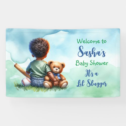 Baby Boy of Color with his Teddy Bear Baby Shower Banner