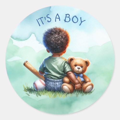 Baby Boy of Color with his Teddy Bear Baby Shower Classic Round Sticker