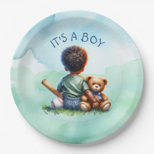 Baby Boy of Color with his Teddy Bear Baby Shower Paper Plates