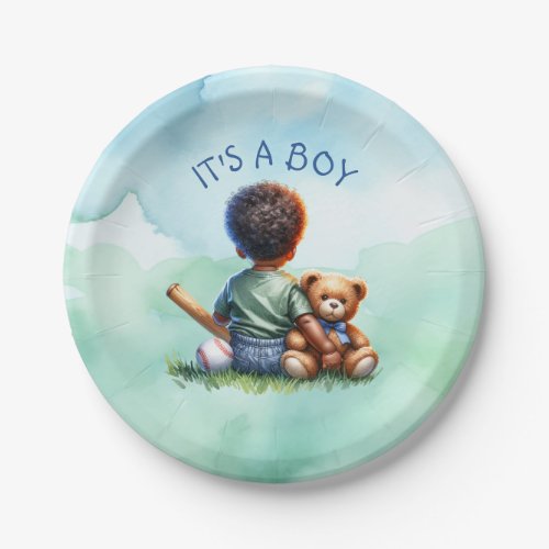 Baby Boy of Color with his Teddy Bear Baby Shower Paper Plates