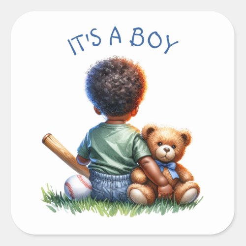 Baby Boy of Color with his Teddy Bear Baby Shower Square Sticker