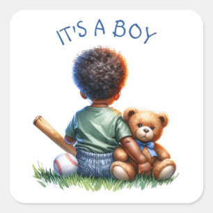 Baby Boy of Color with his Teddy Bear Baby Shower Square Sticker
