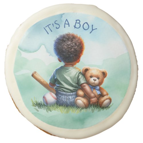 Baby Boy of Color with his Teddy Bear Baby Shower Sugar Cookie