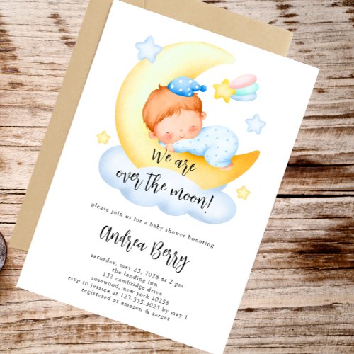 Baby Boy Over the Moon Baby Shower Invitation