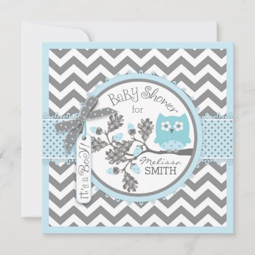 Baby Boy Owl Chevron Print Baby Shower Invitation