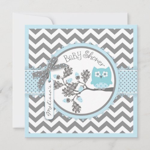 Baby Boy Owl Chevron Print Baby Shower Invitation