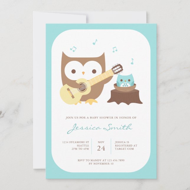 Baby Boy Owl Guitar Baby Shower Invitation (Front)