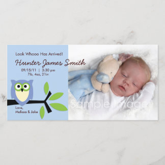 Baby Boy Owl Theme Birth Announcement Photo Card