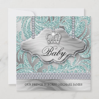 Baby Boy Party Invite Blue Crown Jewelry Leaves