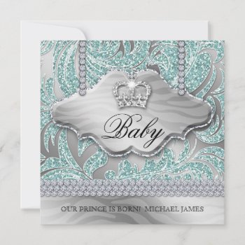 Baby Boy Party Invite Blue Crown Jewelry Leaves by BabyDelights at Zazzle