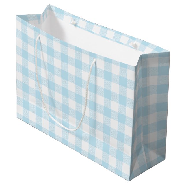 Baby Boy Pastel Blue Gingham Plaid Large Gift Bag (Front Angled)