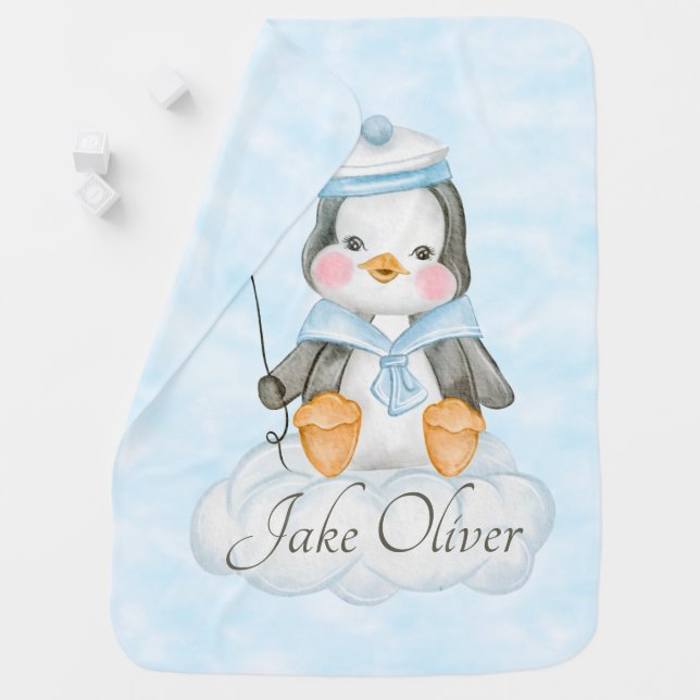 Baby Boy Penguin On A Cloud Personalized Baby Blanket (In Situ)
