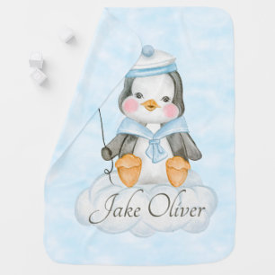 Baby Boy Penguin On A Cloud Personalized Blanket