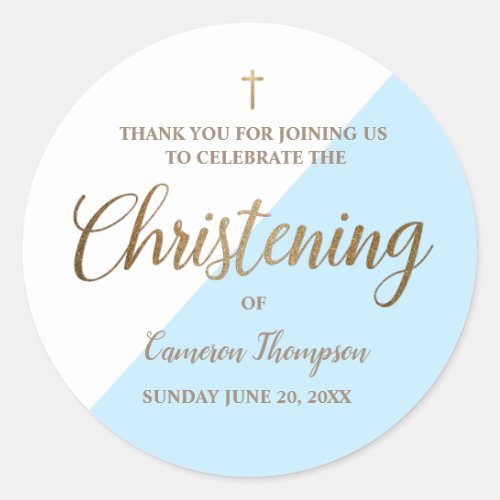 Baby Boy Personalized blue Christening thank you Classic Round Sticker