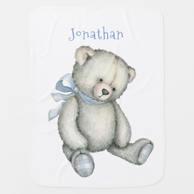 Baby Boy Personalized Blue Teddy Bear Keepsake Bab Blanket (Front)