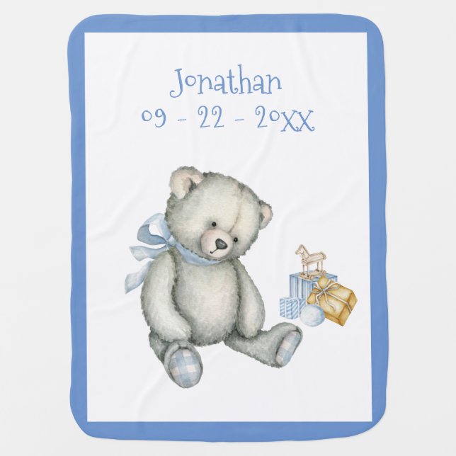 Baby Boy Personalized Blue Teddy Bear Keepsake Blanket (Front)