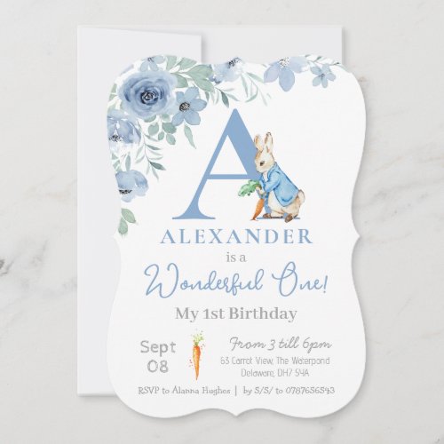 Baby boy peter rabbit 1st birthday blue monogram invitation