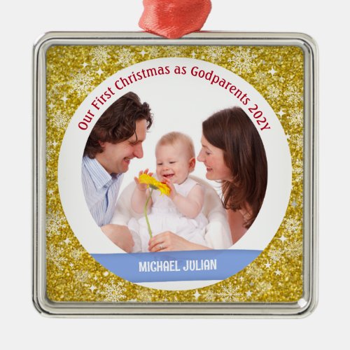 Baby Boy Photo 1st Christmas As Godparents Golden Metal Ornament