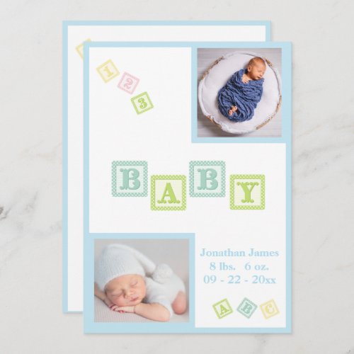 Baby Boy Photo ABC Blocks Blue Newborn Birth Announcement