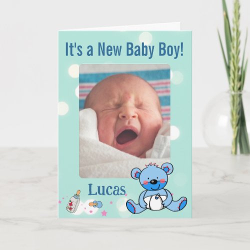 Baby Boy Photo Announcement blue Teddy Bear Theme