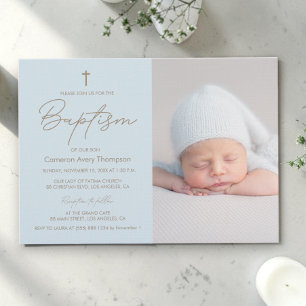 Baby Boy Photo Baptism Elegant Modern Christening Invitation