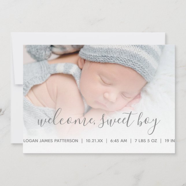 Baby Boy Photo Birth Announcement Gray Quatrefoil (Front)