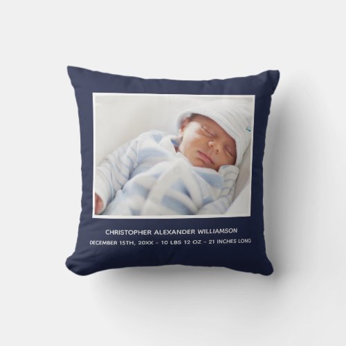 Baby Boy Photo Birth Announcement Navy Blue Throw Pillow
