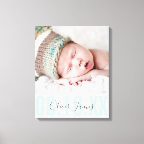 BABY BOY PHOTO BIRTH DATE bold type pale blue Canvas Print