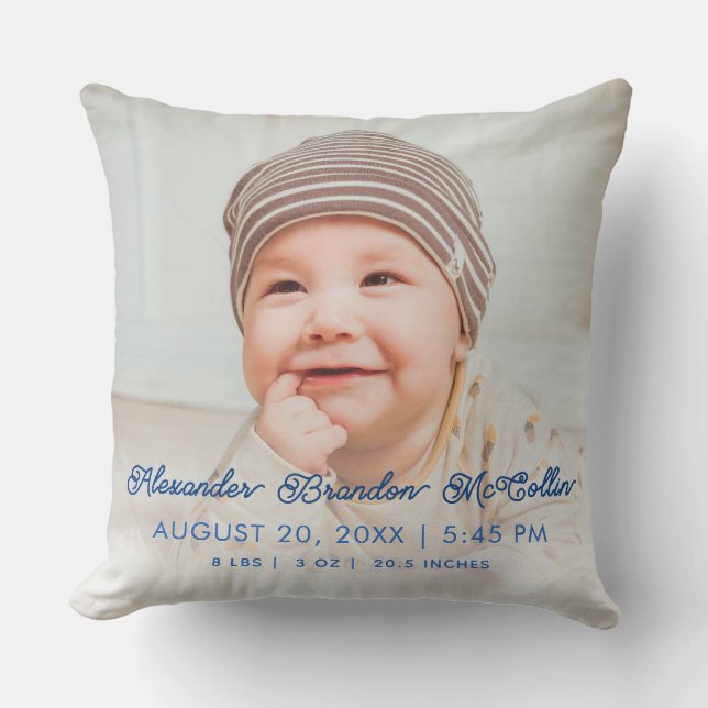 Baby boy Photo & BIRTH STATS Nursery Throw Pillow (Front)