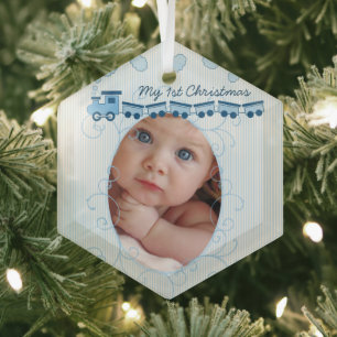 Baby Boy Photo Blue Choo Choo Train Birth Record Glass Ornament