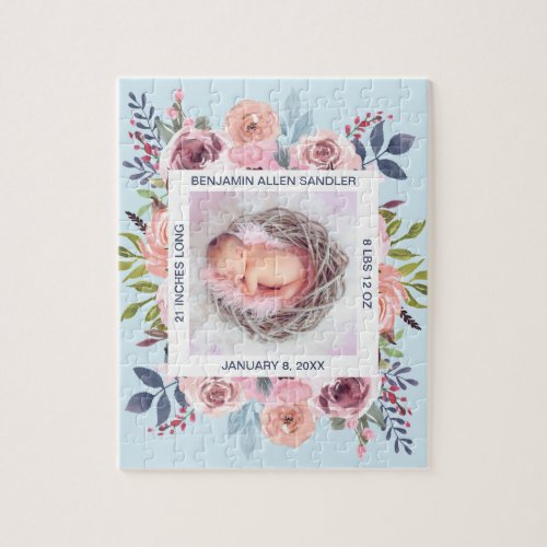 Baby Boy Photo Blue Floral Birth Announcement Jigsaw Puzzle