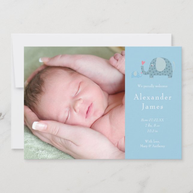 Baby Boy Photo Blue Polka Dot Elephants Birth Announcement (Front)