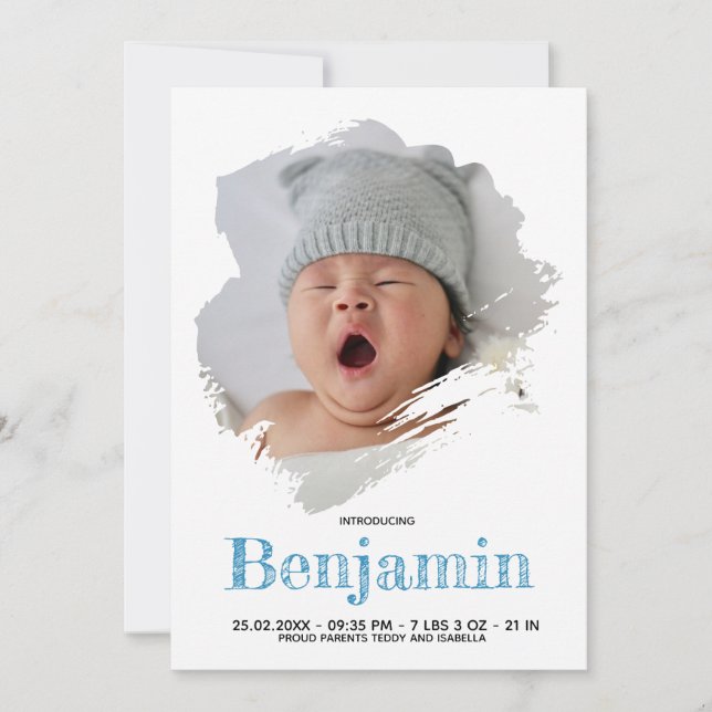 Baby Boy Photo Blue Script White Stripe Birth Announcement (Front)