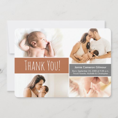 Baby boy Photo Collage Terra cotta orange  Thank You Card