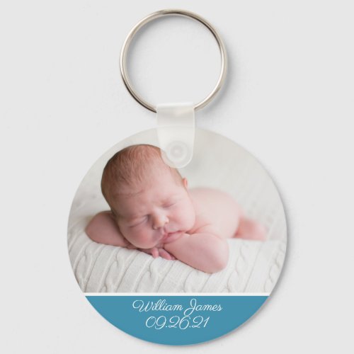Baby Boy Photo Elegant Blue Birth Announcement Keychain