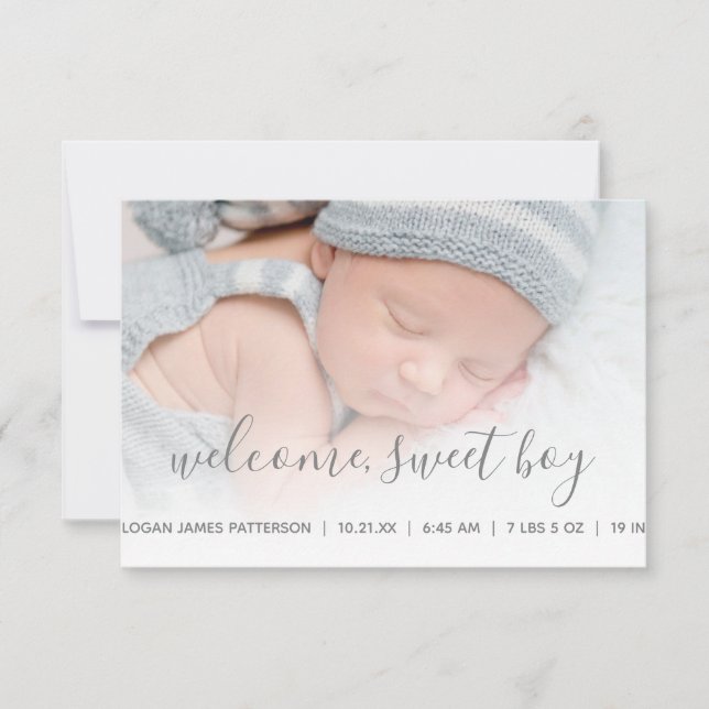 Baby Boy Photo Gray Quatrefoil Birth Announcement (Front)