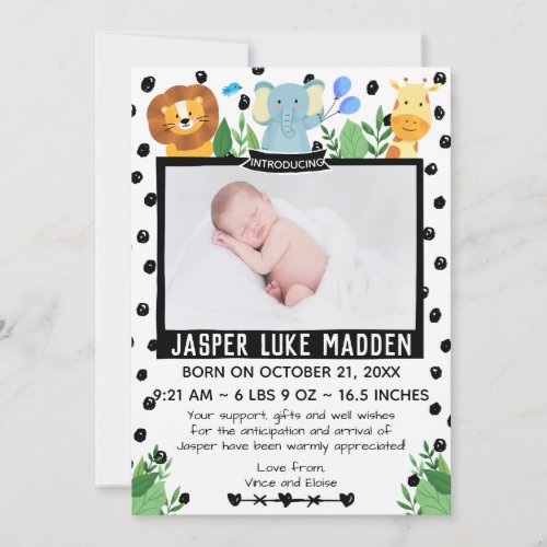Baby Boy Photo Jungle Animals Announcement Card