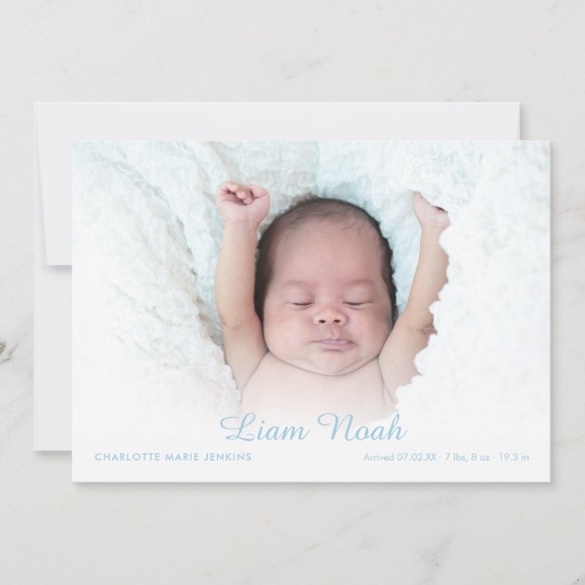 Baby Boy Photo Modern Elegant Script Name Birth Announcement (Front)