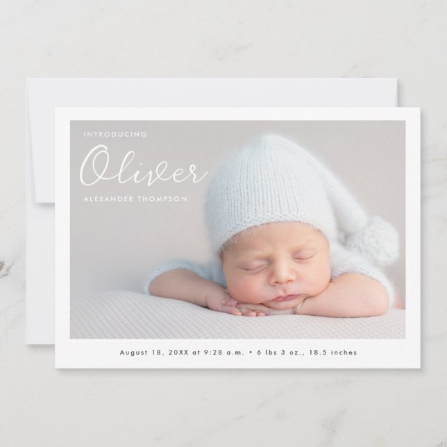 Baby Boy Photo Modern Name Script Birth Announcement (Front)