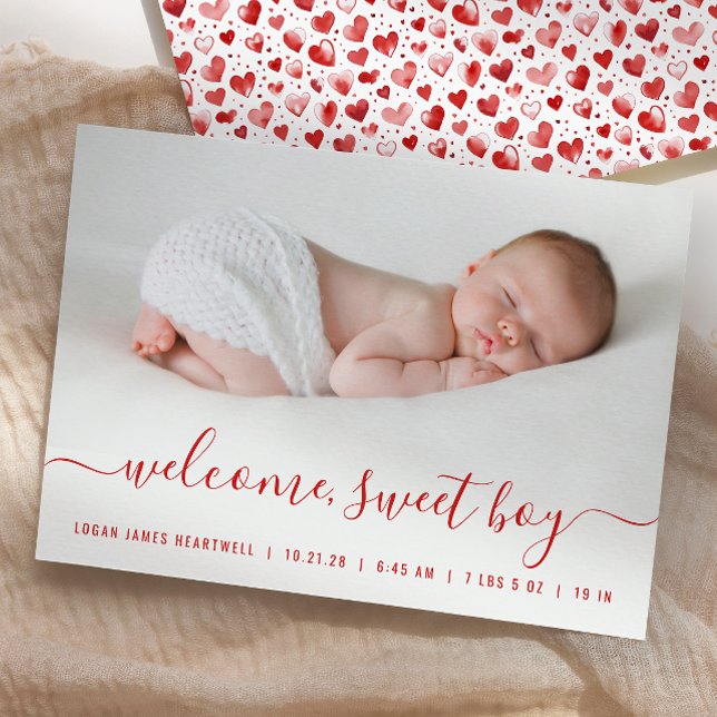 Baby Boy Photo Red Script Hearts Birth Announcement (Creator Uploaded)