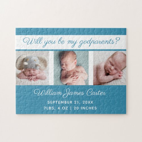 Baby Boy Photo Will You Be My Godparents Cute Blue Jigsaw Puzzle