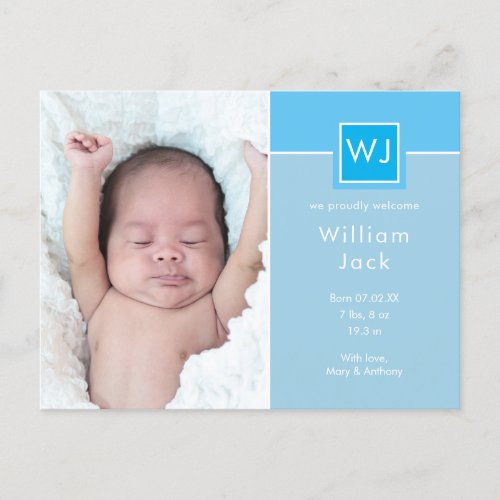 Baby Boy Photos Blue Elegant Chic Monogram Birth Announcement Postcard