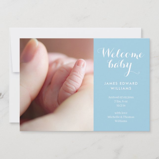 Baby Boy Photos Monogram Blue Script Birth Announcement (Front)