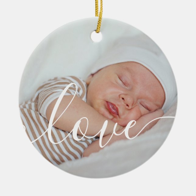 Baby Boy Photos White Script Announcement Ceramic Ornament (Front)