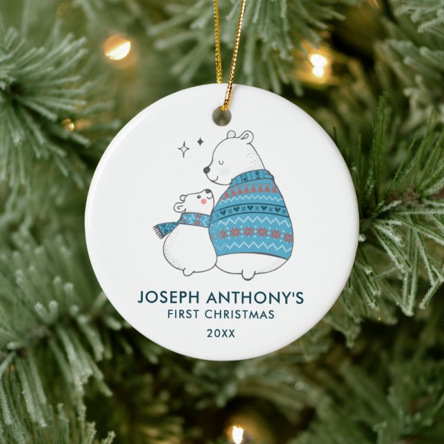 Baby Boy Polar Bear Personalized First Christmas Ceramic Ornament (Tree)