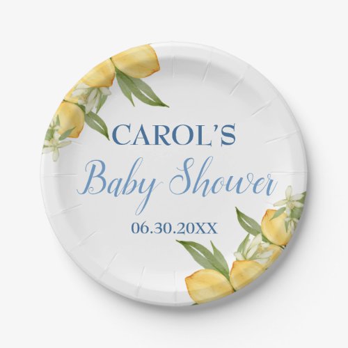 Baby Boy Positano Lemons Blue Pattern Baby Shower Paper Plates