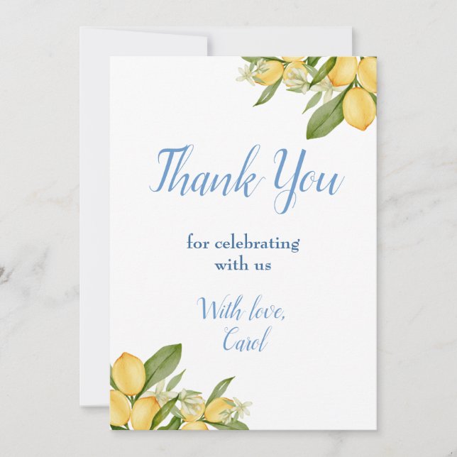 Baby Boy Positano Lemons Blue Pattern Baby Shower Thank You Card (Front)
